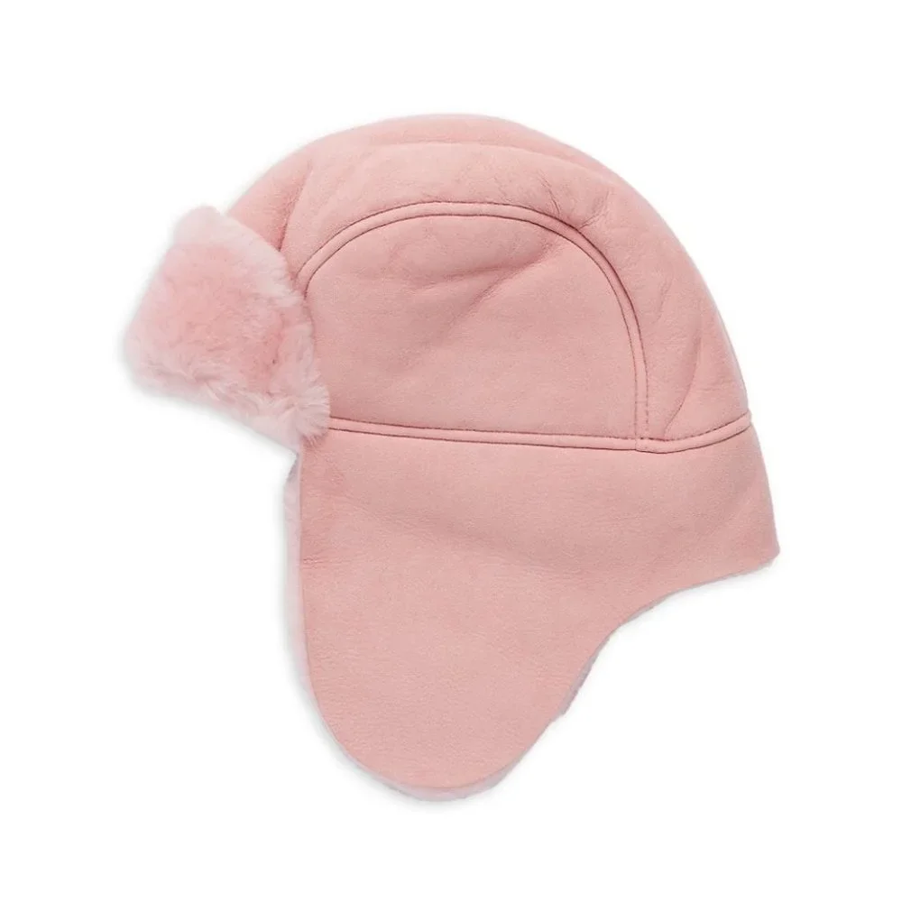 UGG KIDS LEATHER & REAL SHEARLING TRAPPER HAT AND MITTENS SET. SHEEPSKIN
